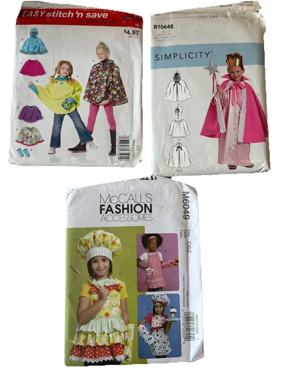3 McCall's & Simplicity Children's Sewing Patterns Aprons Ponchos Capes Costumes